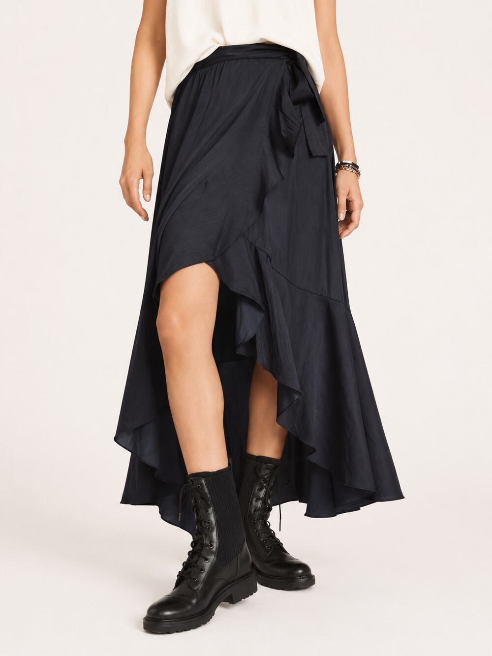Anthropologie Maeve Ruffle Wrap Asymmetrical Hemline Midi Skirt Black L